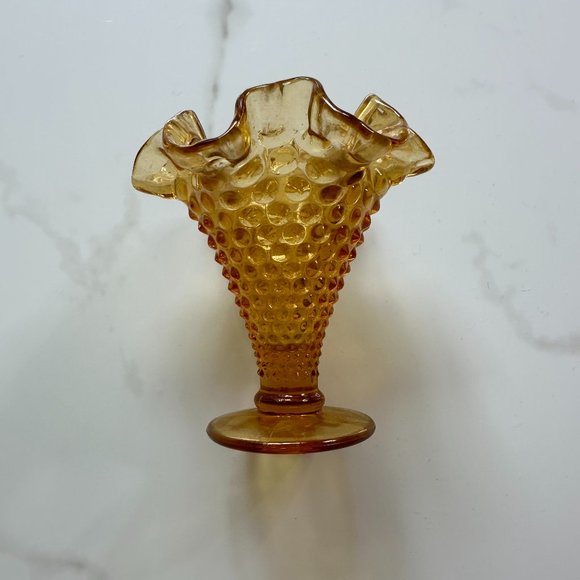Amber Miniature 4" Glass Ruffled Hobnail Vase by FENTON - Picture 1 of 4